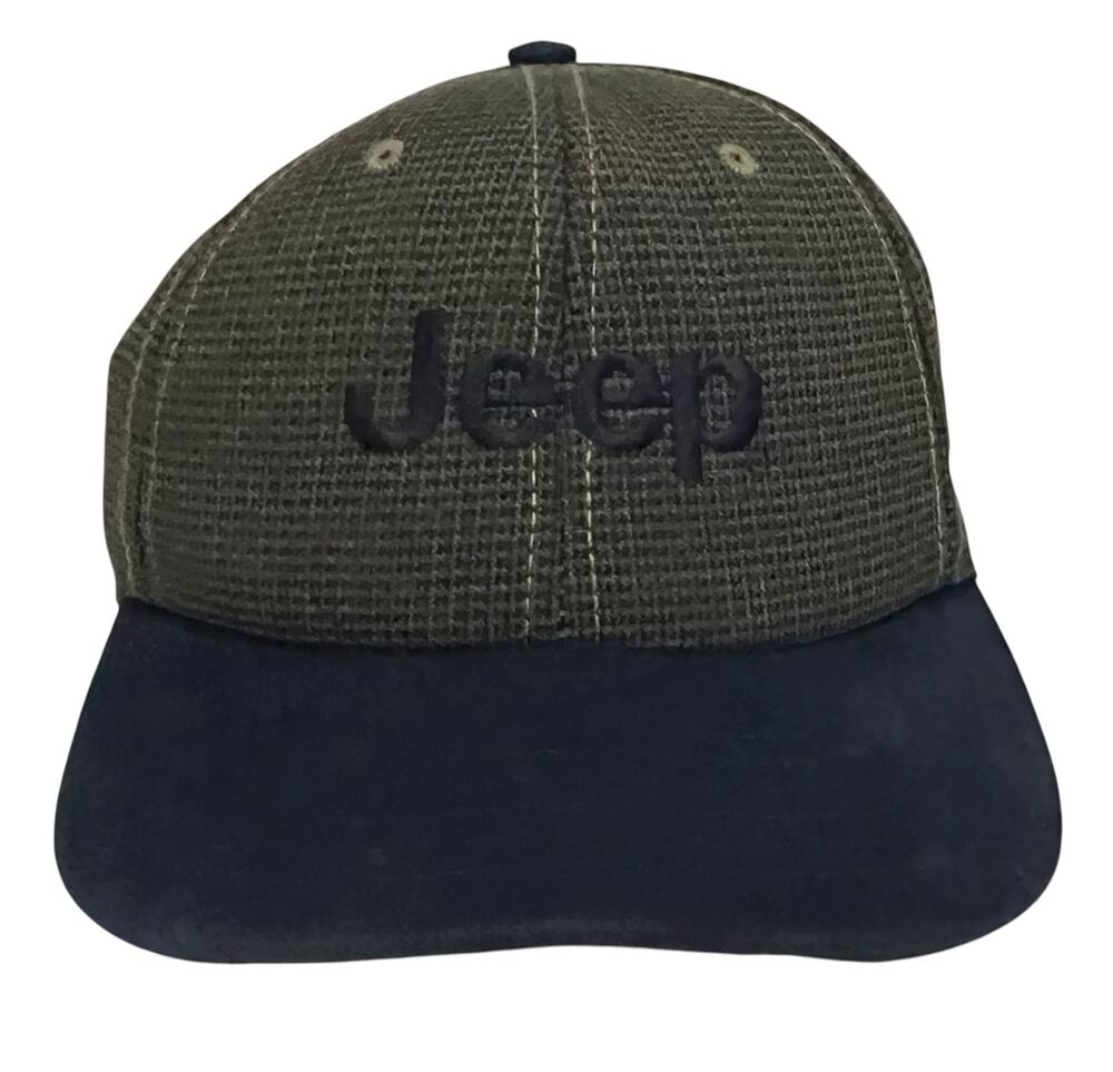 Jeep  Vintage 90s Hat Leather Strapback Navy Blue & Green Made USA Embroidered